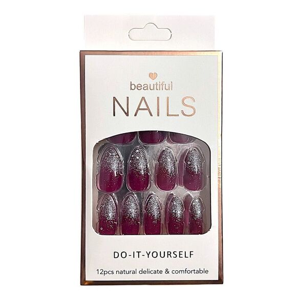Press On Nails Medium Length In Burgundy And Silver Glitter Almond Shape NWT - Picture 1 of 2